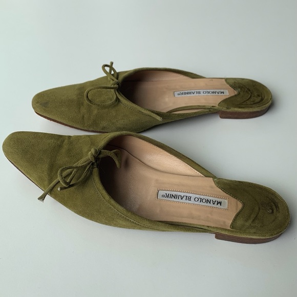 Manolo Blahnik Green Suede Vintage Ballerimu Mules - Picture 2 of 7